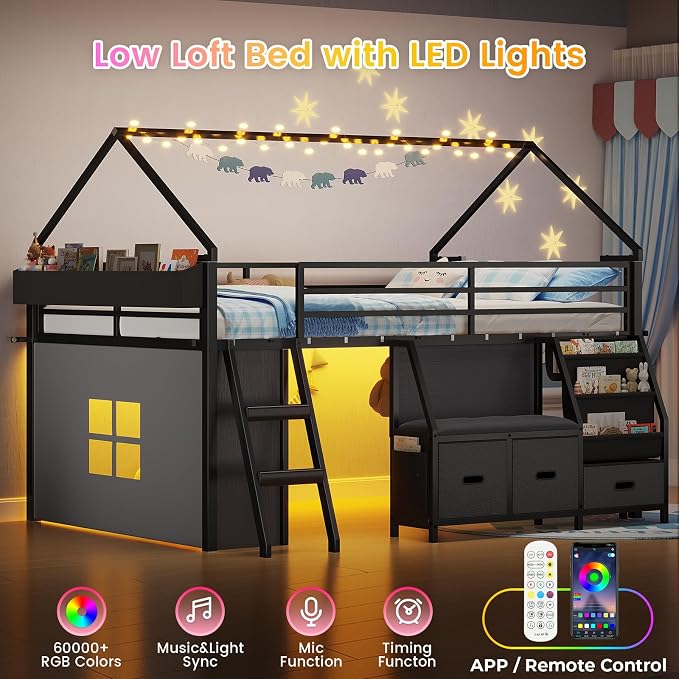 ADORNEVE Low Loft Bed Full Size with Bookshelf, Reading Nook & 3 Drawers | Black Kids Loft Bed, LED Light, Storage Drawers, Under-Bed Play Space,Safety Guardrail, Inclined Ladde, Play Curtain