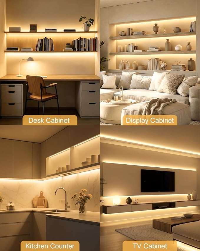 Warm White Under Shelf Lights Strip with Hand-Sweep On/Off 32.8FT 12V 3000K | 2 Rolls of 16.4ft 100W,Self-Adhesive Dimmable COB LED Strips Light,Cuttable DIY Shelf Lighting for Bookshelf Pantry Closet