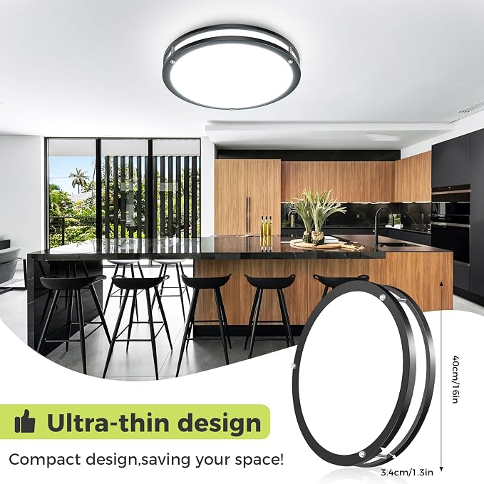 hepside 1 Pack Flush Mount Ceiling Light Fixture, Dimmable & 5Color Temperatures Ceiling Light Black, 16inch 36W 3000K 3500K 4000K 5000K 6500K Adjustable Ceiling Lamps for Bathroom Bedroom Hallway