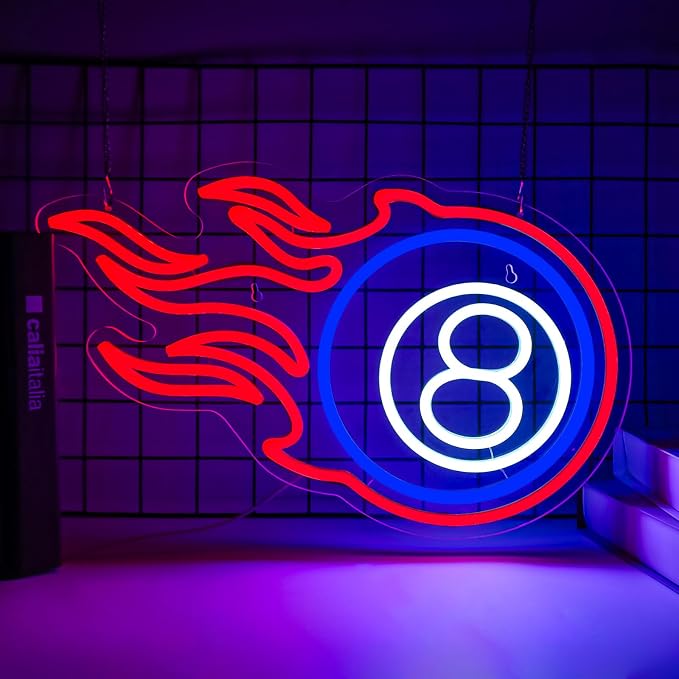 Billiard Neon Sign 8 Ball Sign Dimmable LED Pool Room Wall Decor | USB Powered LED Flame Pool Sign for Game Room Bar Man Cave Club Basement Party Pool Player Decor Billiard Lover Lounge Decor