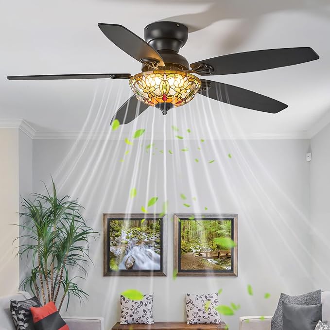 Ceiling Fans with Lights-52 Ceiling Fan Chandelier and Glass Shade | 52" Ceiling Fan Chandelier with 5 Dual-Blades and Glass Shade, 6 Speeds and Reversible, Indoor and Outdoor, Retro Style