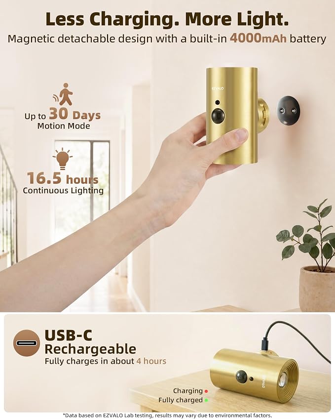 EZVALO Motion Sensor Wall Sconces with Remote, Rechargeable Battery Operated 4000mAh Wall Lights, 3 Color Temperatures & 12 RGB, Wireless LED Lighting for Hallway, Living Room (Brushed Gold, 2 Pack)