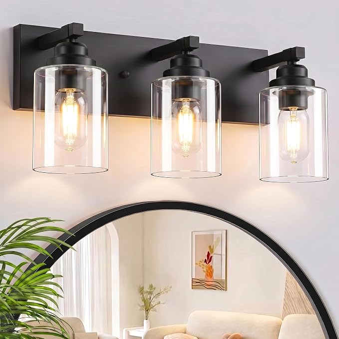 3-Light Matte Black Bathroom Vanity Light, Clear Glass Shade | 18.8" Wall Mount Over Mirror Lighting Fixtures, Durable Metal, Modern Farmhouse Style, for Bathroom, Bedroom, Easy To Install