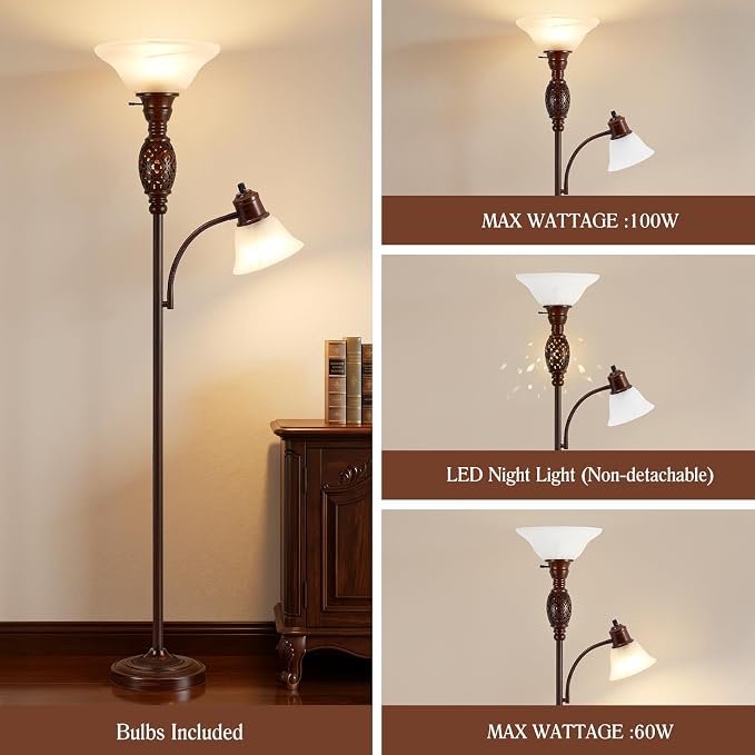 70" Floor Lamp with Night Light, Gooseneck Reading Light, Bulb Included | Torchiere Floor Lamps for Living Room, Vintage Standing Lamp for Bedroom, Retro Floor Lamp with Rotary Switch, Glass Shade