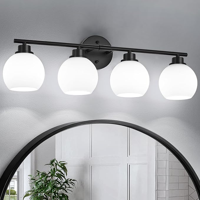 Matte Black Bathroom Light Fixtures, 4-Light Vanity Light Over Mirror | Modern Bathroom Lighting Over Mirror, Wall Sconces, Milky White Globe Glass Shades, E26 Socket,ETL Listed