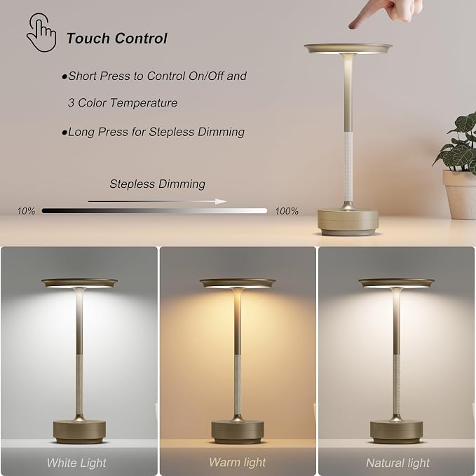 TBBGA 1 Pack Rechargeable Table Lamps Cordless, 5000mAh Outdoor Table Light | 3 Color Stepless Dimming Portable LED Table Lamp with Memory Function, for Home/Dinner/Patio/Restaurant.(Champagne Gold)