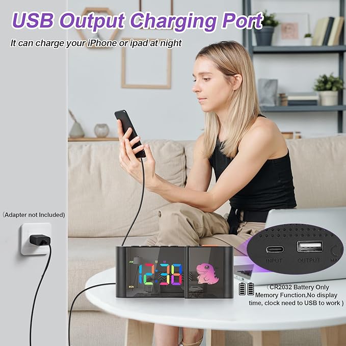 Alarm Clock,Alarm Clocks Bedside with Cute Cartoon,7.2''Large Mirror Clock,11 Colors Digital,10 Color RGB Cartoon,Week Display,Auto Dimming,Dual Alarms,USB Port,5 Levels Volume for Bedroom Table Decor
