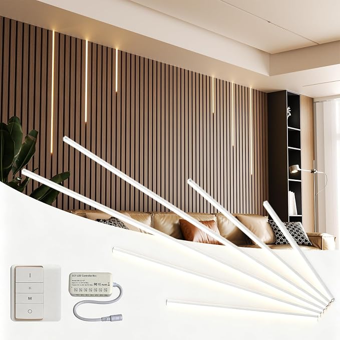 LED Recessed Wall Lighting Kit for Wall Panels CCT COB Strip Lights with Remote Controller, 6pcs Adhesive Wall Strip Lights, Dimmable 3000K-6000K for Wood Slat, Acoustic Panels, Kitchen, Stairs