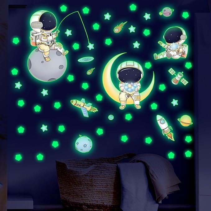 DIY Creativity Starry Sky Astronaut Night Light Stickers Cartoon Rabbit Wall Stickers Star Spaceship Night Light Stickers Room Decoration Wall Stickers (Astronaut Green Light)
