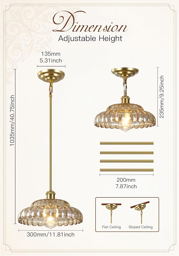 Gold Pendant Light with Glass Shade, Vintage Floral Glass Pendant Lamp for Kitchen Island, Adjustable Hanging Rods Sloped Ceiling Compatible, Living Room Bedroom Hotel-Amber