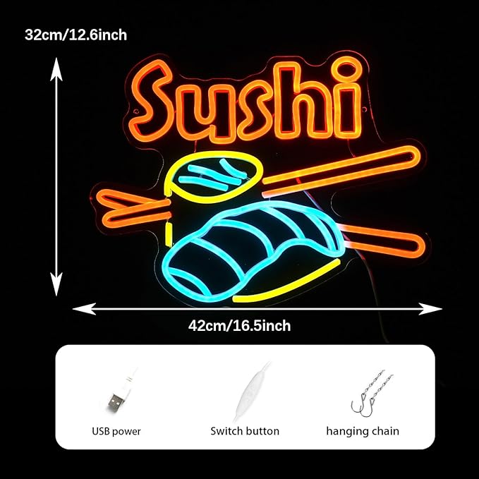 Dimmable Sushi Neon Sign 16.5 * 12.6 Inch LED Sushi Light Up Sign For Wall Decor USB Powered Japanese Neon Light for Sushi Shop Restaurant Home Kitchen Party （Yellow Ice Blue Orange）