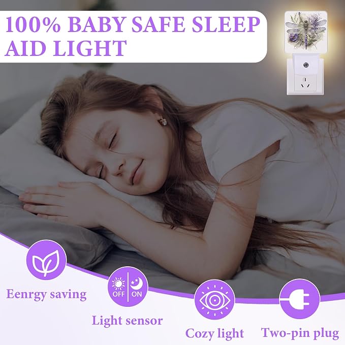Watercolor Dragonfly Night Light, Plug-in Night Lights with Dusk-to-Dawn Sensor for Bedroom,Bathroom and Living Room Sleep Friendly lamp 0.5w