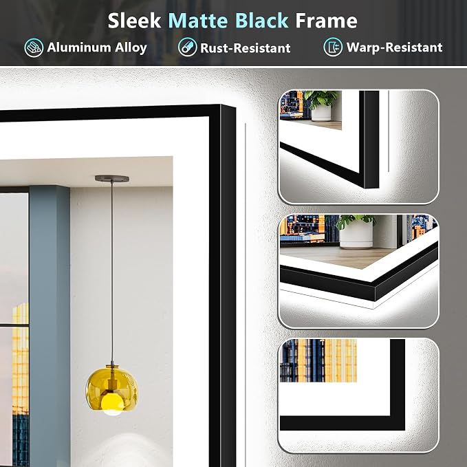 84x32 Black LED Bathroom Mirror, Backlit & Front Lit Lighted Mirror | Metal Framed Anti-Fog Vanity Mirror with Lights, 3 Color Dimmable, Memory, HD Tempered Glass, CRI95, UL Listed, Wall Mounted