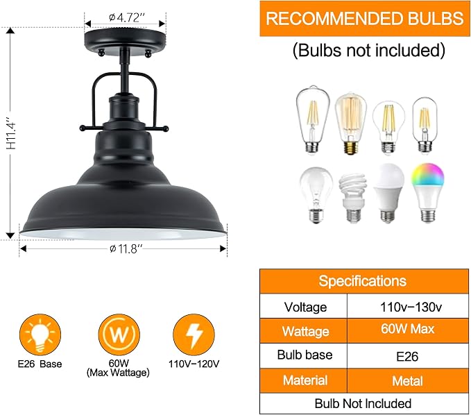 Zlepmlla Famrhouse Ceiling Light, Semi Flush Mount Light Fixture with Metal Dome Shade, Balck Ceiling Light for Hallway, Entryway,Kitchen
