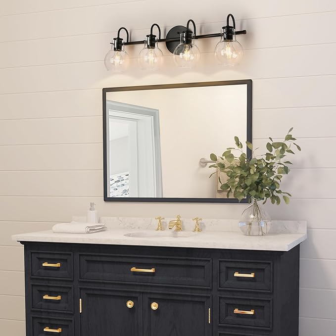 KSANA Black Bathroom Light Fixtures, 4-Light Modern Farmhouse Black Vanity Lights with Clear Glass Shade Over Mirror for Hallway, Kitchen, Bedroom, and Living Room