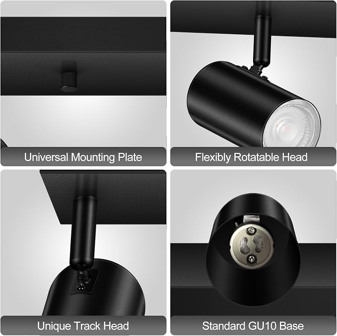 LED Track Lighting Ceiling Fixtures, Black 3-Light Plug in Track Lights for Kitchen, 3 Way Ceiling Spotlight, 15 FT Cord,Flexibly Rotatable Wall Mount Light Head for Bedroom Hallway