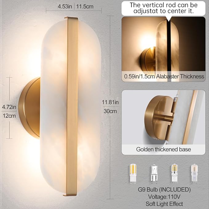 Natural Alabaster Wall Sconces Set of Two Marble Wall Sconces Hardwired | Gold Bathroom Vanity Wall Light Fixtures Modern Oval Stone Wall Lamp for Bedroom Living Room Hallway Restaurant, 11.8in