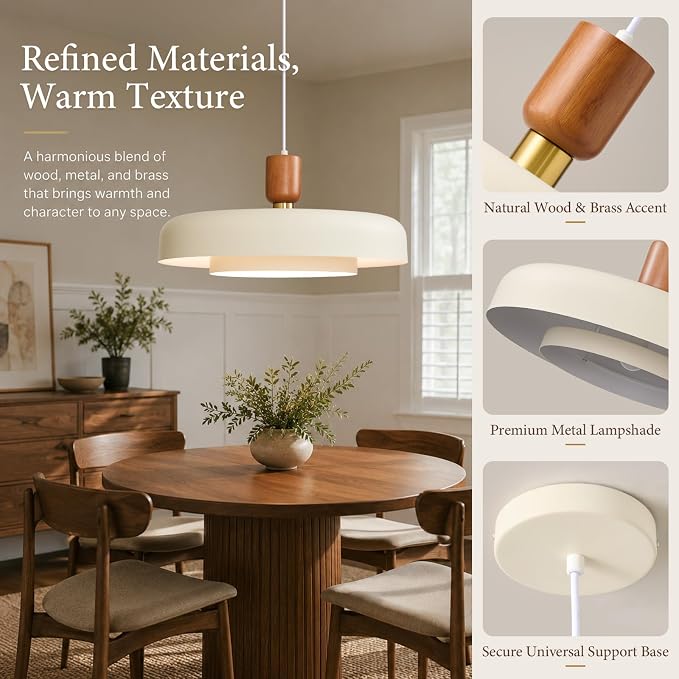 Mid Century Modern Pendant Light: 20" 2-Tiered Cream Metal Nordic Lighting | Wood Brass Iron Hanging Ceiling Light, Kitchen Pendant Lighting Over Island, Dining Room Bedroom Hallway Entryway Chandelier