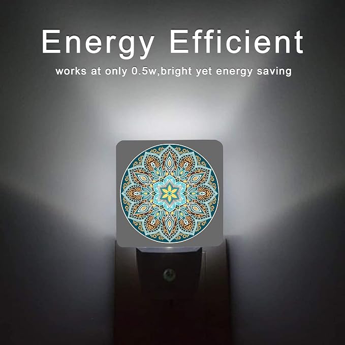 Mandala Floral Night Light,Yellow and Brown Ethnic Style Plug-in Night Lights with Dusk-to-Dawn Sensor for Stairway/Hallway/Bedroom Sleep Friendly lamp for Women/Girls/Boys Gift,0.5W