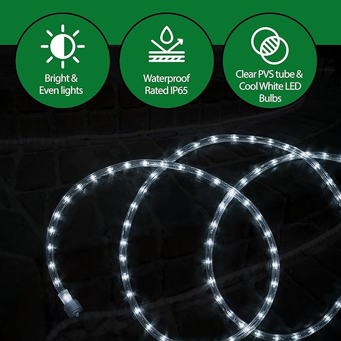 Tupkee LED Rope Light Cool-White - 24 Feet (7.3 m), for Indoor and Outdoor use - 10MM Diameter - 144 LED Long Life Bulbs Decorative Rope Tube Lights - Pack of 2