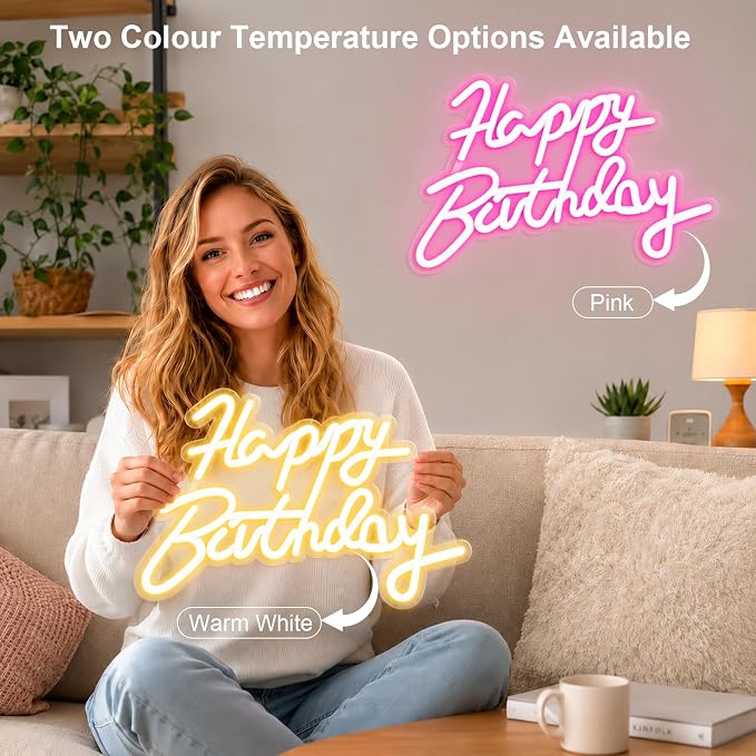 FARNY Happy Birthday Neon Sign for Wall Decor, LED Happy Birthday Light Up Sign, Dimmable LED Birthday Neon Light for Birthday Party Decorations Backdrop,Warm White 16.5"x 12"