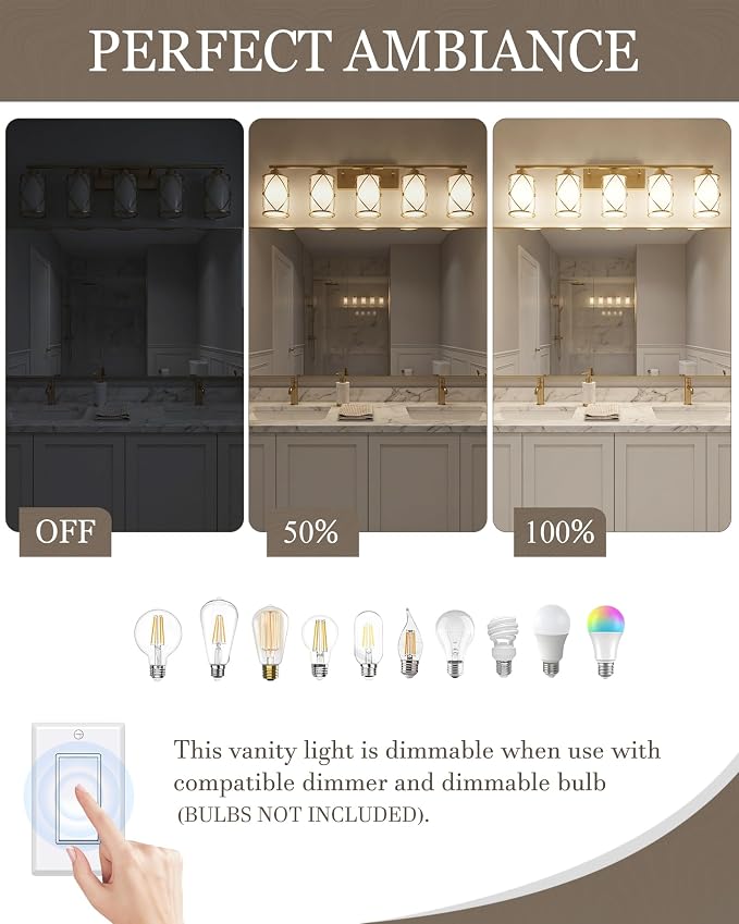5-Light Brushed Gold Bathroom Light Fixtures Over Mirror, 38" UL-Listed Modern Wall Sconce Lights with Milk White Frosted Glass and Metal Cage for Bath, Hardwire E26, CH9176BGW-5W