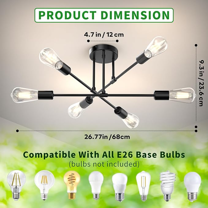 Black Sputnik Chandelier 6 Light, 22" Mid Century Modern Ceiling Light Fixture, Industrial Semi Flush Mount for Dining Room Bedroom Kitchen, E26 Base