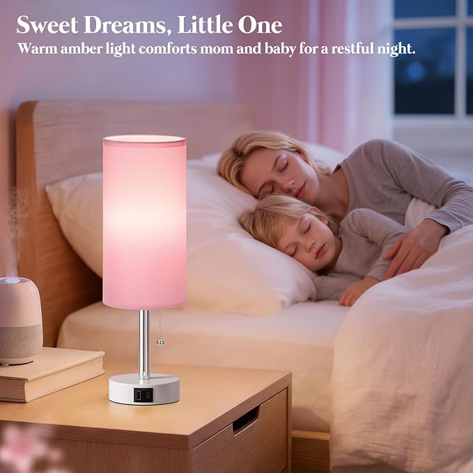 Dicoool Pink Bedside Table Lamp for Girls Bedroom - USB A+C Charging Ports | 3 Color Temperatures, USB A+C Port, Bulb Included, Pink Fabric Shade, Matte White Metal Base, 14" Desk Lamp for Kids Dorm