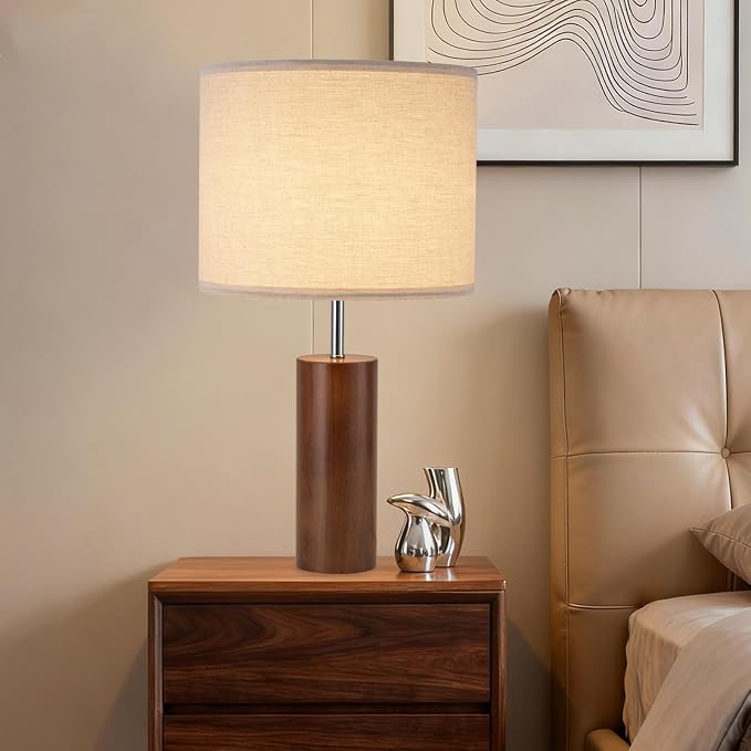 lapupu 23.5" Wood Table Lamps Set of 2 for Living Room, Vintage Farmhouse Bedside Lamps for Bedroom, Large Round Desk Lamps for End Table Nightstand, Walnut Wood