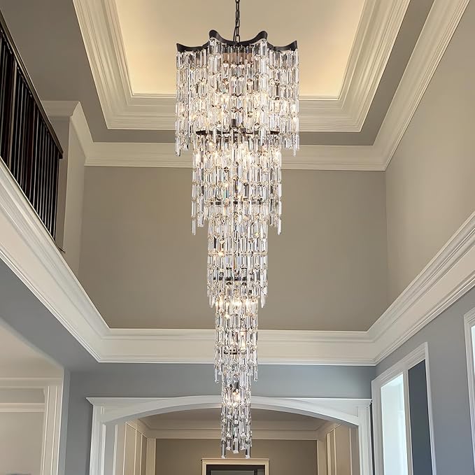 79" Long Crystal Chandelier for High Ceilings, 21-Light Modern Large Foyer Chandelier for Staircase Entryway Living Room, Luxury K9 Crystal Tiered Ceiling Light Fixture Black
