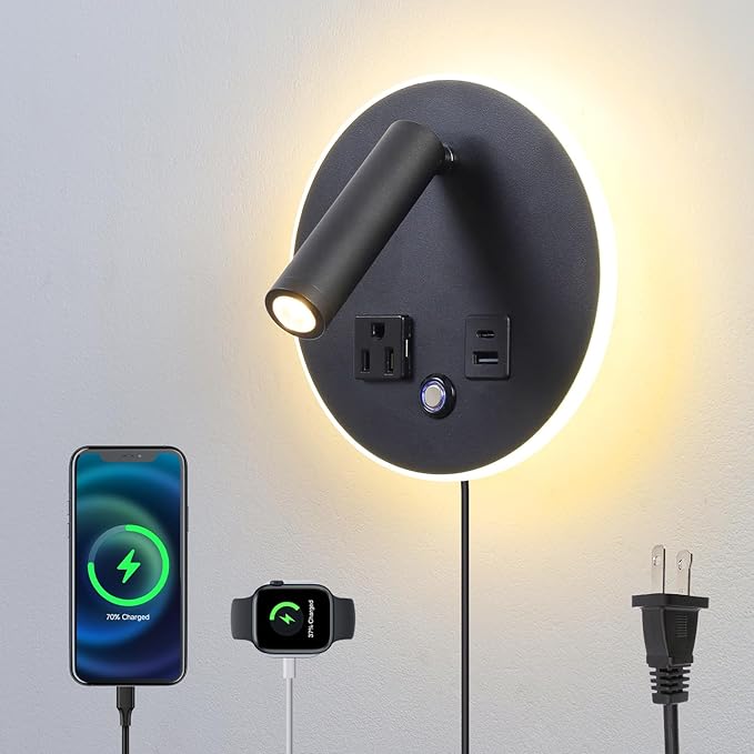 LED Round Wall Sconce with Dimmable Light, 6W+3W 3000K Night Light, Adjustable Plug-in Headboard Lamp with USB & USB-C Ports, Bedside Reading Light for Bedroom(Black)