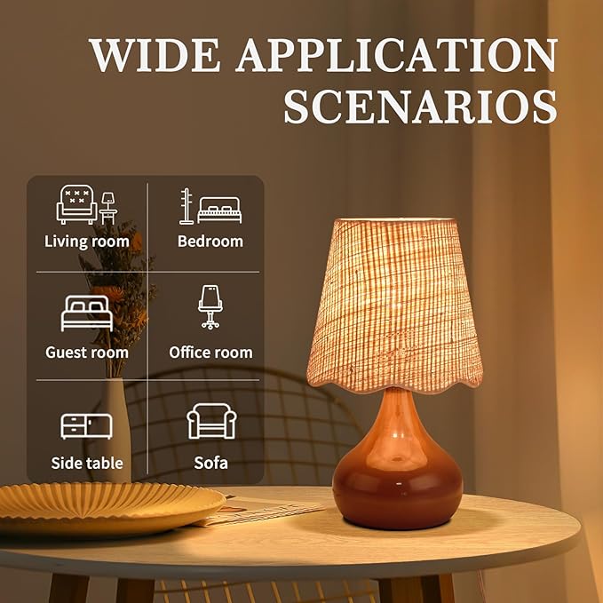 Ziqqeelam Brown Small Bedside Table Lamp for Bedroom, Farmhouse Bedroom Lamps for Nightstand, Rattan Lamp Shade Table Lamps for Small Spaces for Kitchen Counter, Home Office, Living Room, Kids Dorm