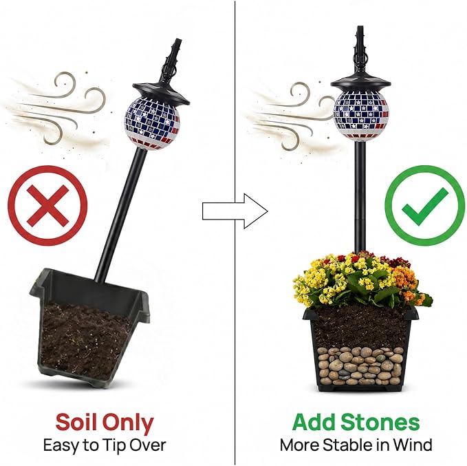 Solar Lamp Post Light with Planter, Patriotic Mosaic Outdoor Lantern Decor | Warm White LED Light, Dusk to Dawn, IP44 Waterproof, 4 Solar Panels, No Wiring Required, Energy Saving, Porch, Patio, Garden.