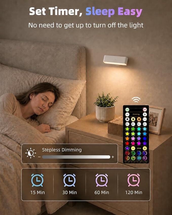 EZVALO Battery Operated Wall Sconce, Rechargeable Magnetic Wall Light with Remote, RGB Mood Lighting & 3 White Tones, Dimmable Wall Lamp for Bedroom, Gaming Room, Apartment Decor