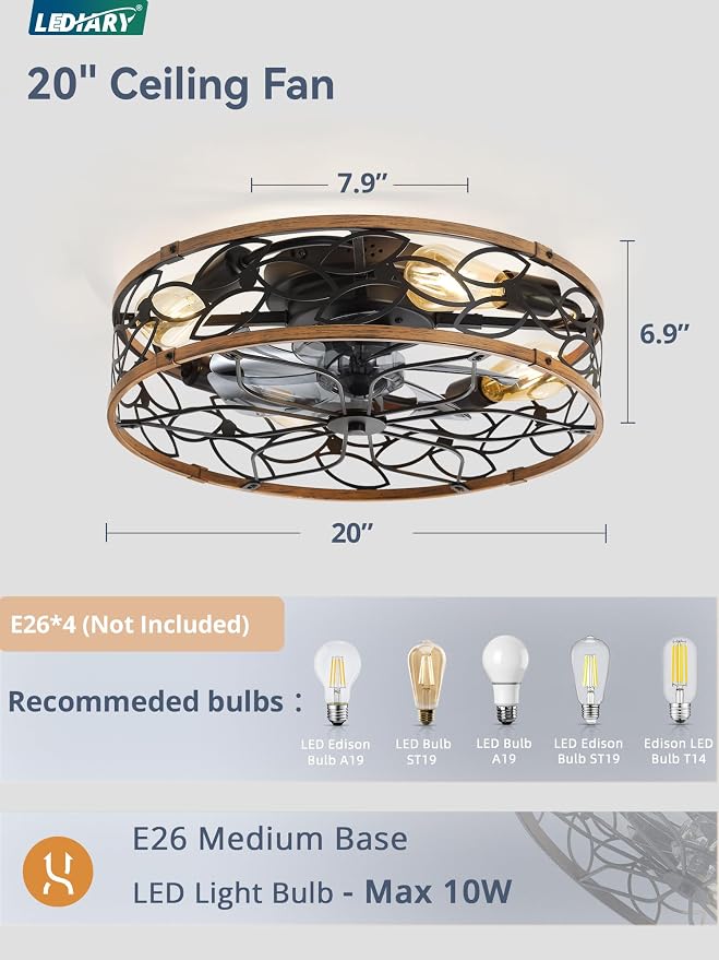 LEDIARY 20" Caged Ceiling Fan with Light, Flush Mount Fandalier with Remote | Low Profile, Farmhouse Small, Bladeless Industrial, Quiet DC Motor, App Control for Bedroom, Kitchen, Dining Room, Walnut