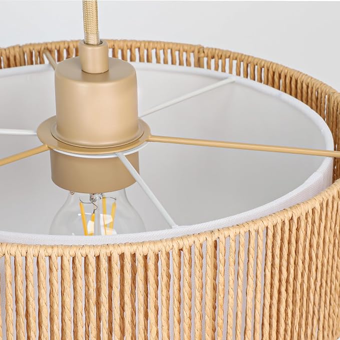 Qingmiao Boho Plug in Pendant Light, Handwoven Shade, 3 Way Bulb, 14ft Cord | Rattan Hanging Lamp Plug in, Dimmable Hanging Light Fixture for Living Room Bedroom Kitchen Ceiling Farmhouse Home Decor