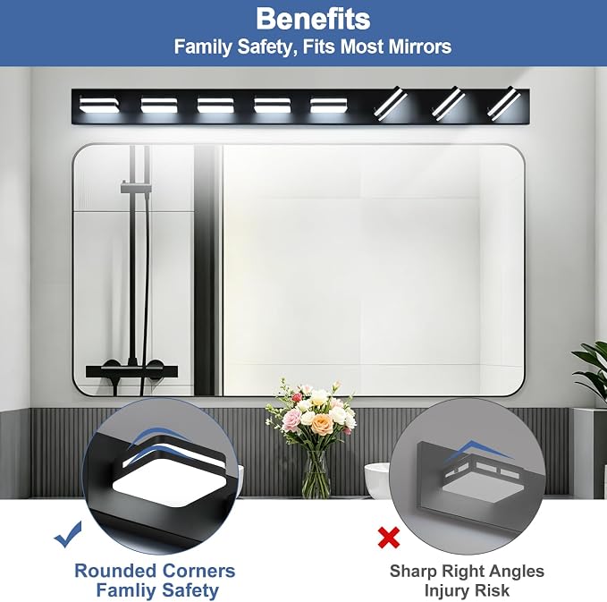 Torondo 360° Rotate LED Bathroom Vanity Light Fixtures, Acrylic Vanity Lights for Bathroom, Modern Wall Lighting Fixtures Over Mirror Living, Matte Black, Natural White, 8-Light, 53-Inch