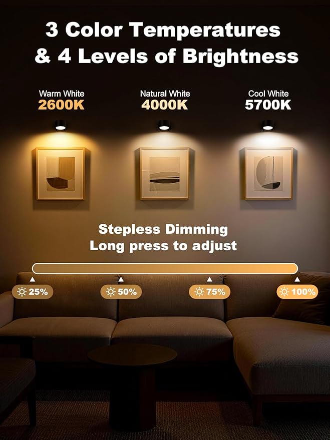 Smiling Shark Wall Light F9, Rechargeable Wall Mounted Lamp LED 3 Color & 4 Brightness Stepless Dimming 360° Rotate Magnetic Ball Cordless Wall Sconce Lamp for Bedroom Reading Bedside (1, Black)