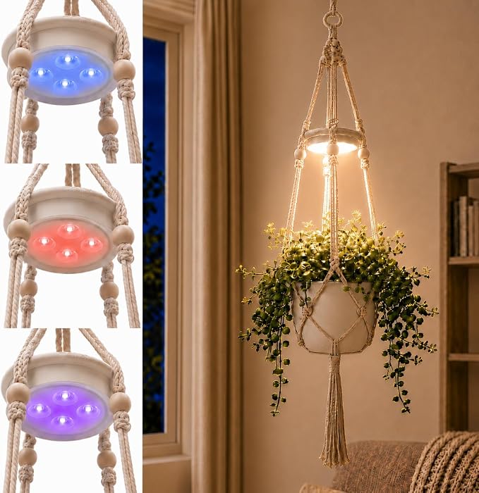 Hanging Rechargeable Plant Grow Lights for Indoor with Timer, Wireless Battery Powered Full Spectrum Pendant Growing Light with Macrame Plant Hanger, Wall/Ceiling Mounted Planta Luz for Home Decor