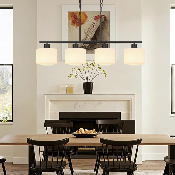 4-Light Kitchen Island Lighting, Modern Black Linear Dining Room Chandelier Light Fixtures with Milk Glass and Chain, Farmhouse Hanging Lights for Kitchen Island Dining Room, OS-YQ8153-4ISBKW