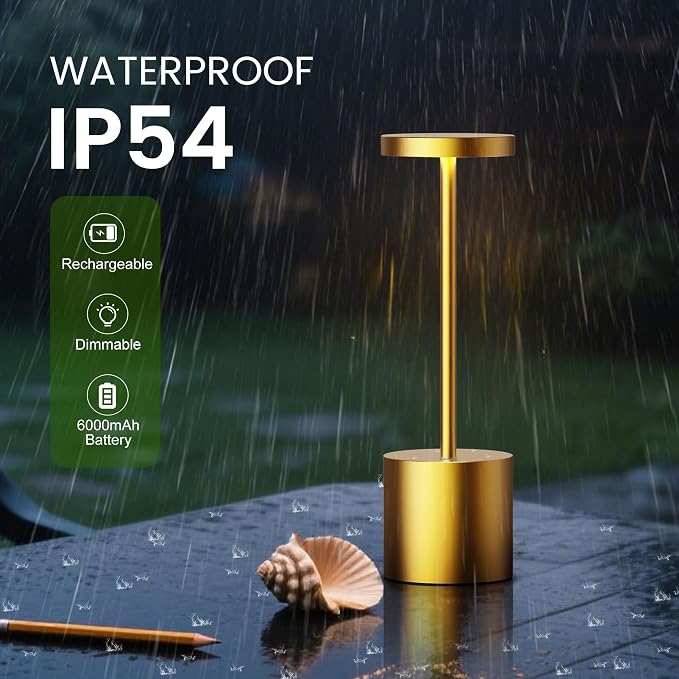 SAKRINGT Cordless Table Lamp Rechargeable, 5000mAh Battery Operated Portable Table Light,Dimming LED Table Lamp for Restaurant/Patio/Outdoor(Gold) | SAKRINGT 3 Color Stepless Dimming,72Hrs Long Lasting Battery Operated,Portable Waterproof Touch for Pat...