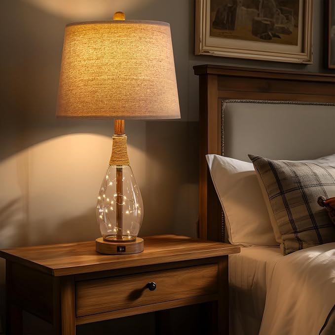 PoKat 2 in 1 Bedside Table Lamps Set of 2, Farmhouse Glass Lamp, Wood-like | Bedroom Lamps for Nightstand,Top Light&Fairy Night Light,Built-in USB with Bulb,Boho Rattan Design for Nursery Hallway