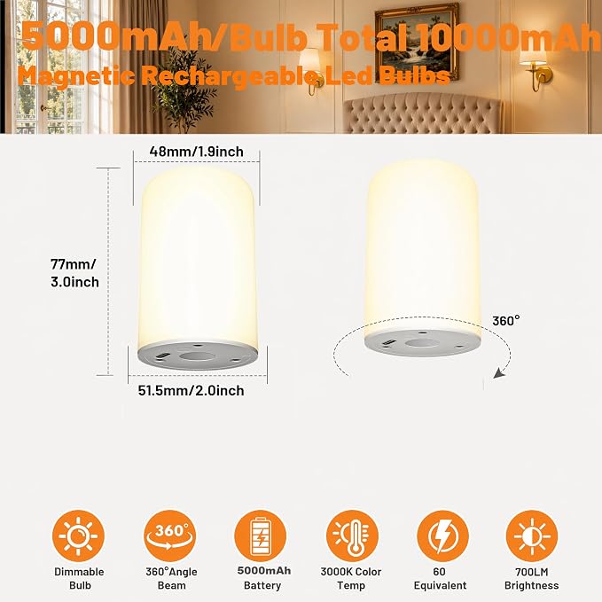 Rechargeable Wall Sconces Set of 2, 10000mAh Magnetic LED Bulb Wall Lights, 9 RGB Colors 3 CCT Dimmable, Battery Operated Cordless Wall Scone Lamp for Bedroom Living Room Home Decor