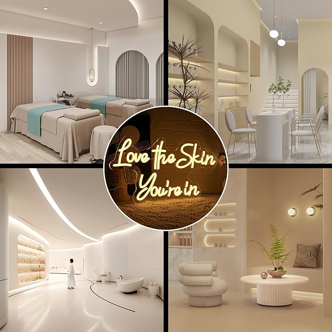 ''Love the Skin You're in'' Neon Sign Facial Spa Neon Light for Wall Decor Warm White Letters Neon Lights Beauty Salon Sign for Business Skin Care Salon Beauty Shop Decorations
