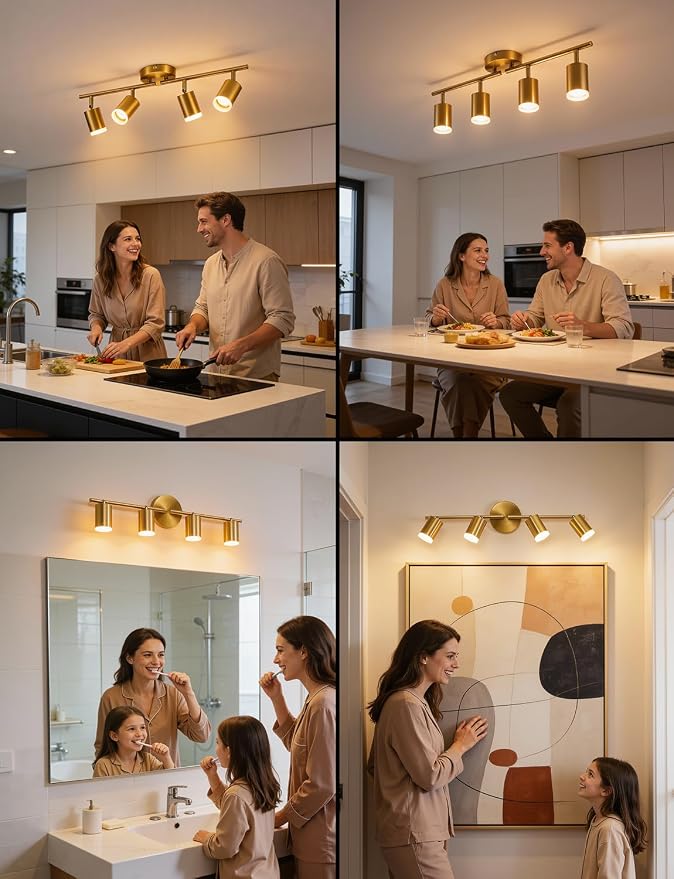 Bojim Track Lighting Fixtures Ceiling Mount for Kitchen, Gold 4 Way LED Spot Lights Indoor, Flexible Modern Track Light GU10 Socket for Dining Room, Bulbs Not Included
