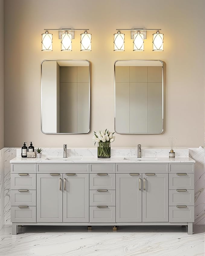 3-Light Brushed Nickel Bathroom Light Fixtures with Milk Frosted Glass, 21" Modern Bathroom Vanity Lighting Fixtures Over Mirror with Metal Cage, Wall Sconce Lights for Bath, E26, CH9176BNW-3W