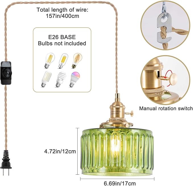 Pendant Light Fixtures,Plug in Hanging Light Fixture Green Glass 6.6in Pendant Light,E26 Pendant Lighting for Kitchen Island, Bedroom, Dining Room, Living Room