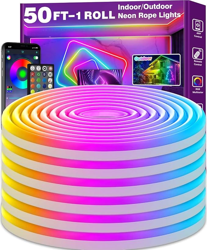 AILBTON 50Ft Neon Rope Lights,Flexible Led Rope Lights Control with App/Remote,Multiple Modes RopeLights,IP65 Outdoor RGB Led Neon Lights NonWater Resistant,Music Sync Gaming Led NeonLight Strip