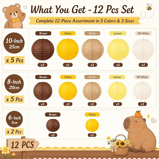 Paper Lanterns Set (12 Pcs) - 6/8/10 Inch Coffee, Yellow, Khaki, Lemon Yellow & Off-White Round Hanging Lanterns for Birthday, Bee Baby Shower, Capybara & Brown Bear Party Decor