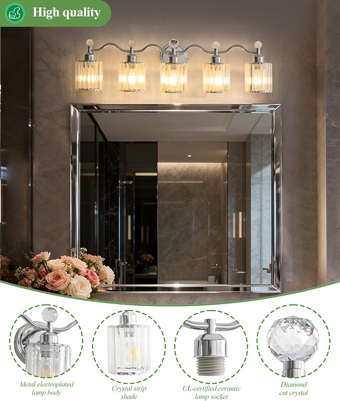 Bathroom Vanity Light Fixtures 5-Lights,Chrome Vanity Lights for Bath, Bathroom Lights Fixture with Clear Crystal Glass Shade, Modern Wall Light Over Mirror, Wall Sconces Light for Hallway